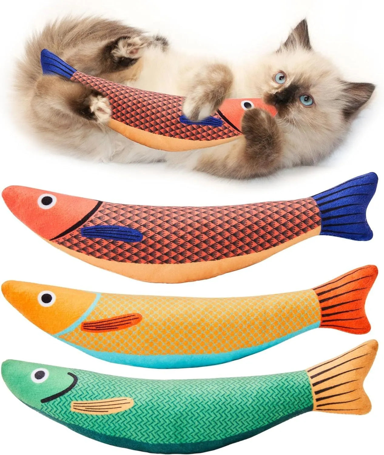 Soft plush saury fish cat kicker toy with organic catnip filling, shown in green colour.