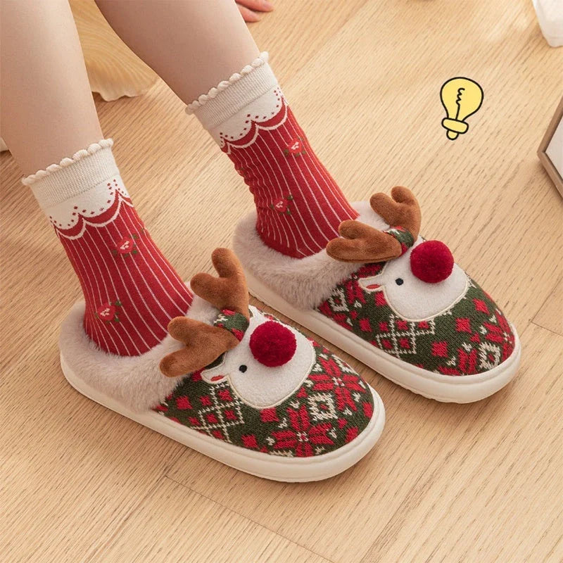 Cozy Christmas elk-themed plush slippers with non-slip soles for comfortable indoor and outdoor wear