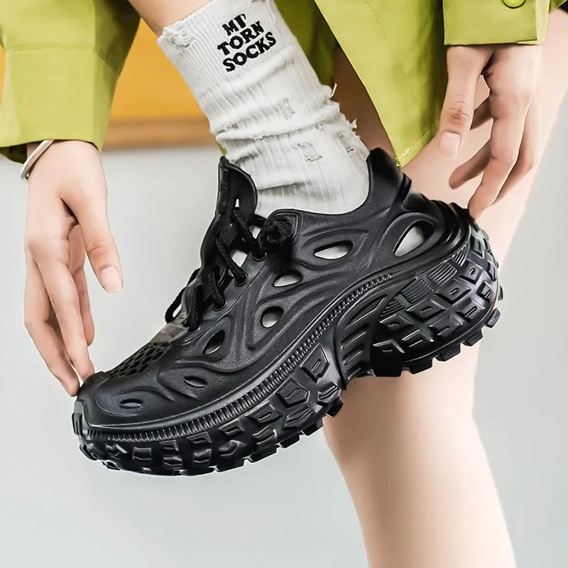 Men's army green EVA sandals with thick sole, hole design, and covered heel