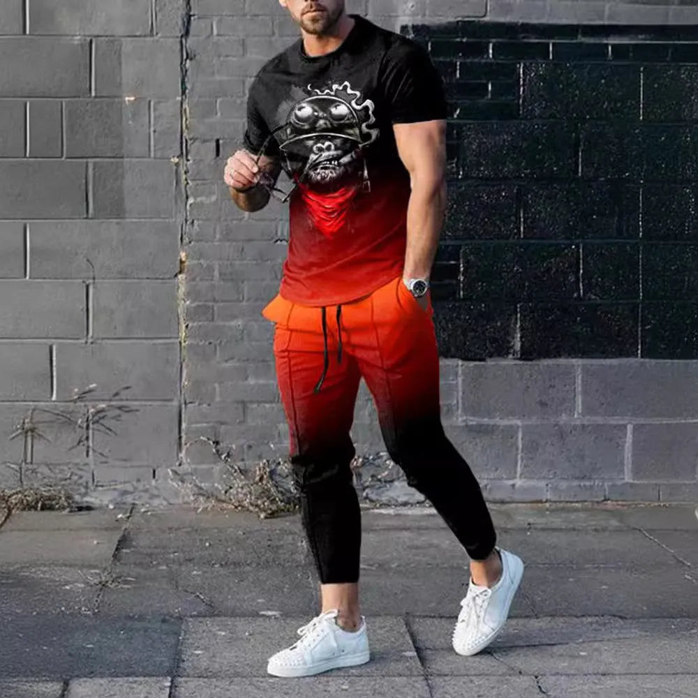 Men's short-sleeved round neck pullover and matching trousers sportswear set in a thin polyester fabric