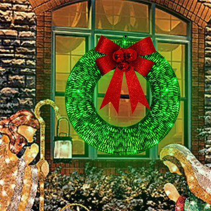 Festive 20-inch luminous LED Christmas wreath with gold and green tinsel garland and large bow