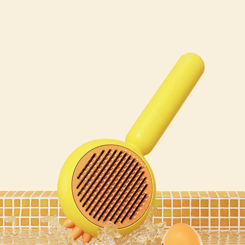 Purple self-cleaning pet grooming brush with stainless steel bristles for cat and dog hair removal