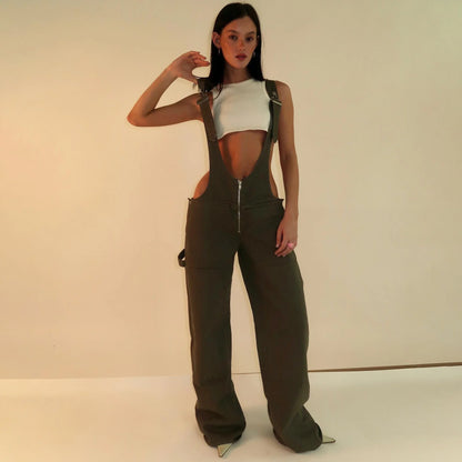 Trendy denim overalls with pockets, featuring a unique Y2K-inspired design, micro-elastic fit, and convenient layout for a stylish and comfortable streetwear look.