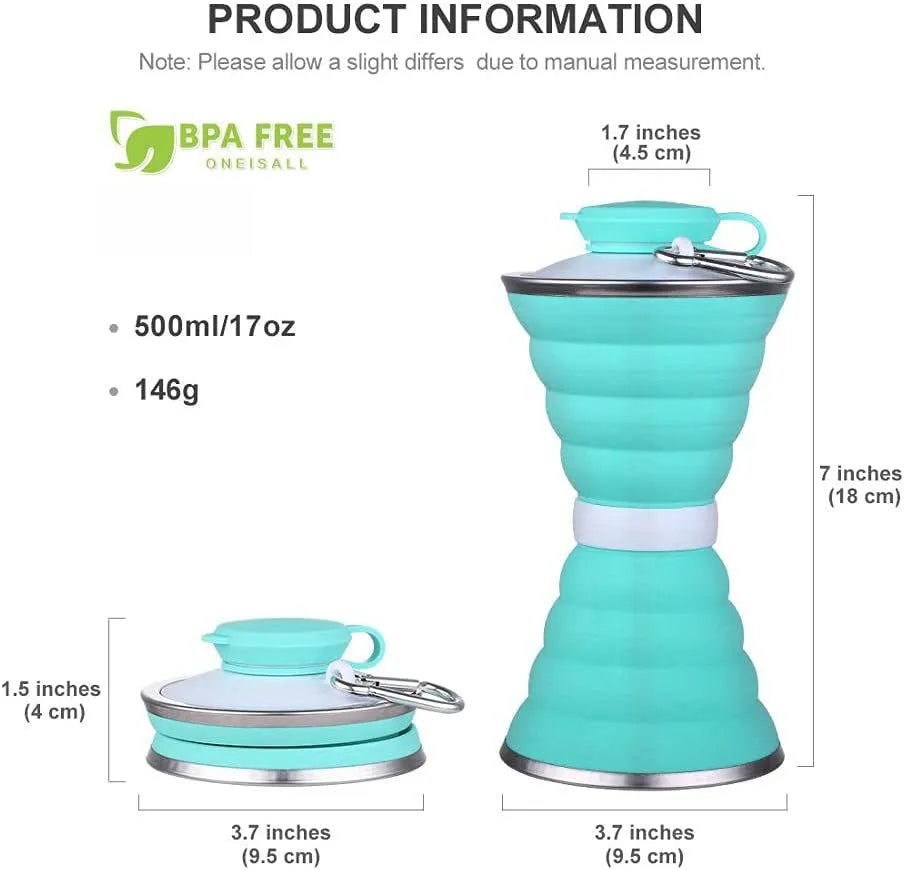 500ml collapsible silicone travel cup shown folded and unfolded with hanging rope and stainless steel rim