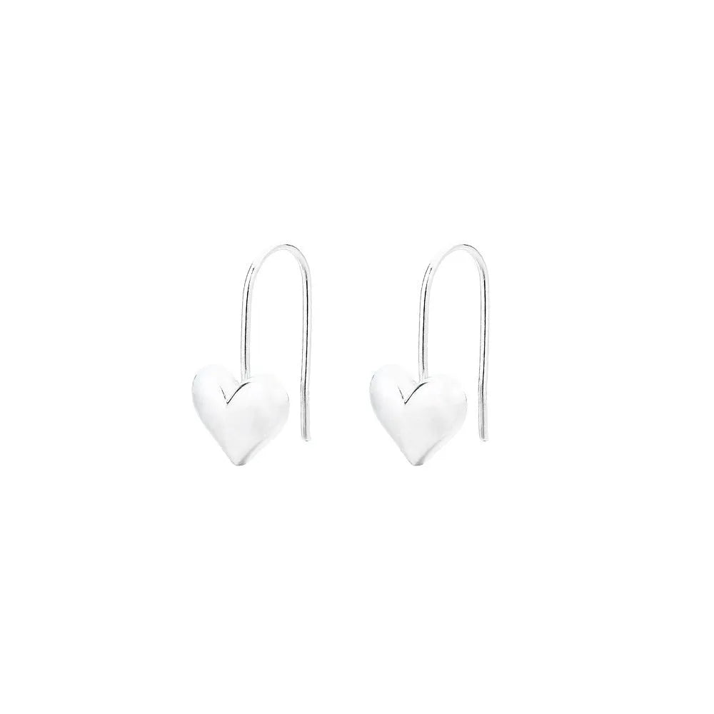 Korean-style silver heart earrings with three-dimensional design and glossy finish