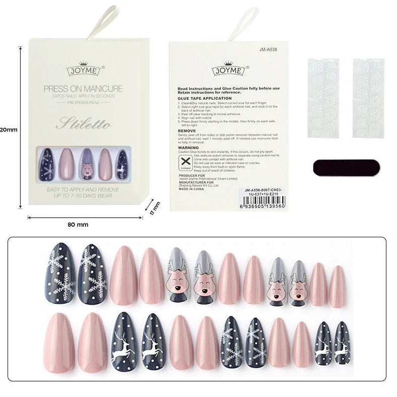 Christmas nail tips showing long, drop-shaped and almond shapes with bronzing and 3D finishes