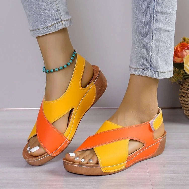 Women's summer wedges sandals with colourblock cross-strap design in various colours