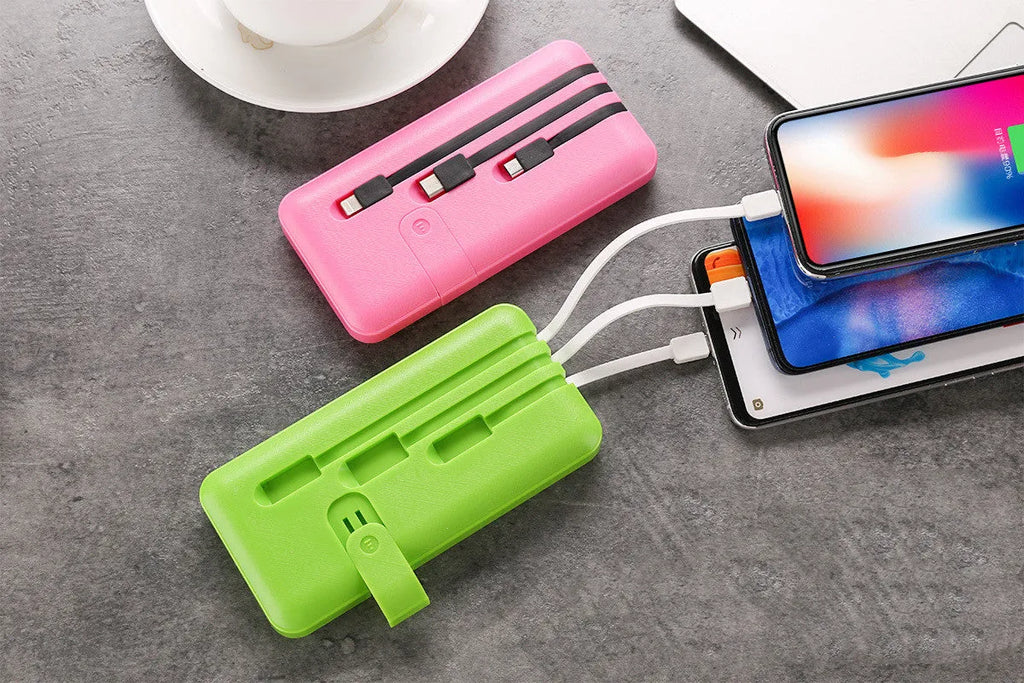 10000mAh three-wire power bank with multi-U port output in pink plastic shell