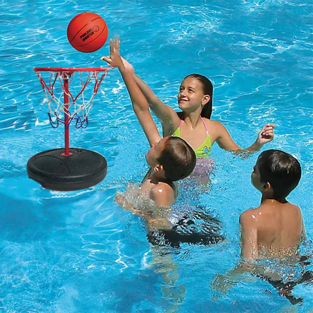 Floating plastic water basketball hoop with 23x17.5cm backboard and 61cm pole in a swimming pool