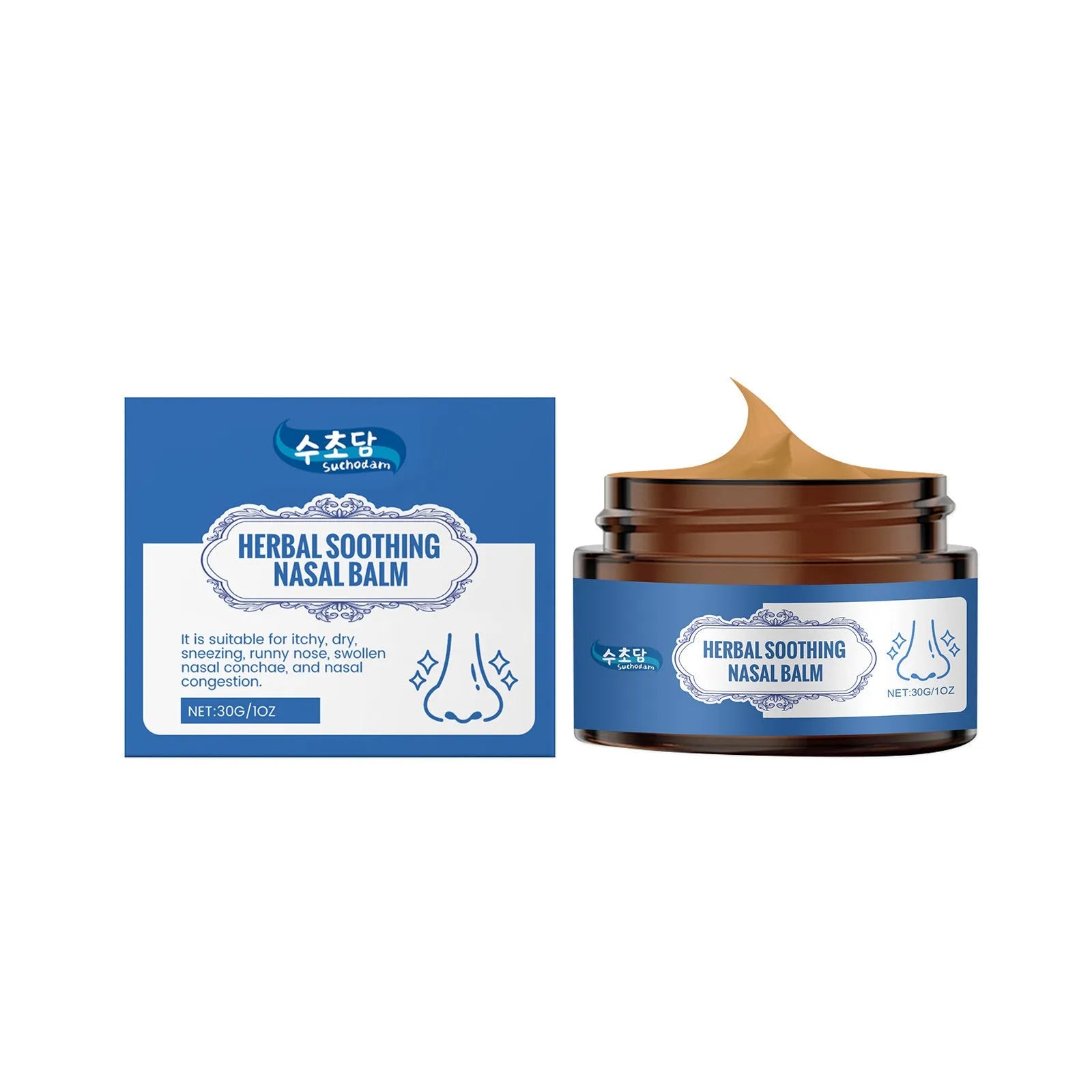 30g tube of nose care cream with botanical active ingredients on white background