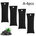 Four bamboo charcoal deodorising bags in black, green, grey and blue colours measuring 16.5cm x 6.5cm