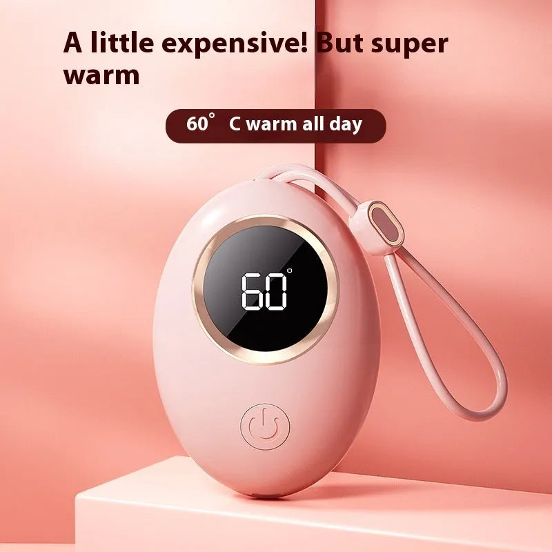 USB rechargeable hand warmer with digital display shown in pink, blue, green, and white colour options.