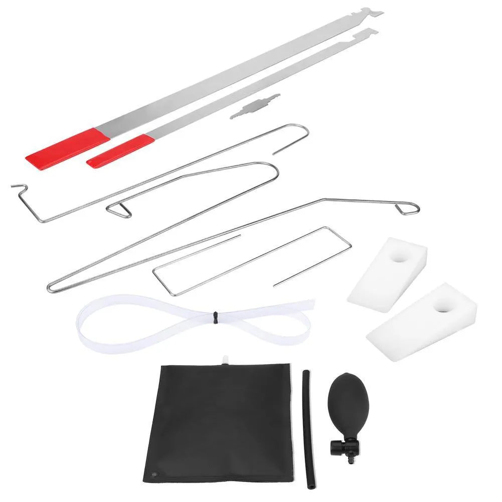 9-piece automotive maintenance tool set with air pump wedge and emergency access tools