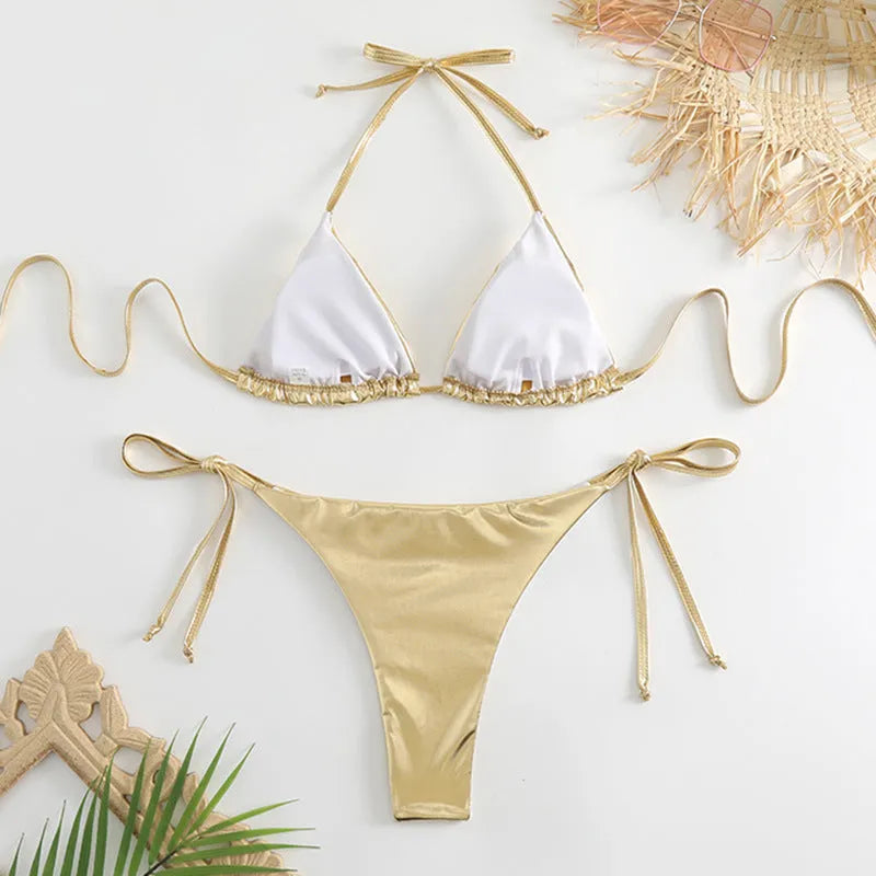 Women's lace-up bikini swimsuit in metallic colour with adjustable design
