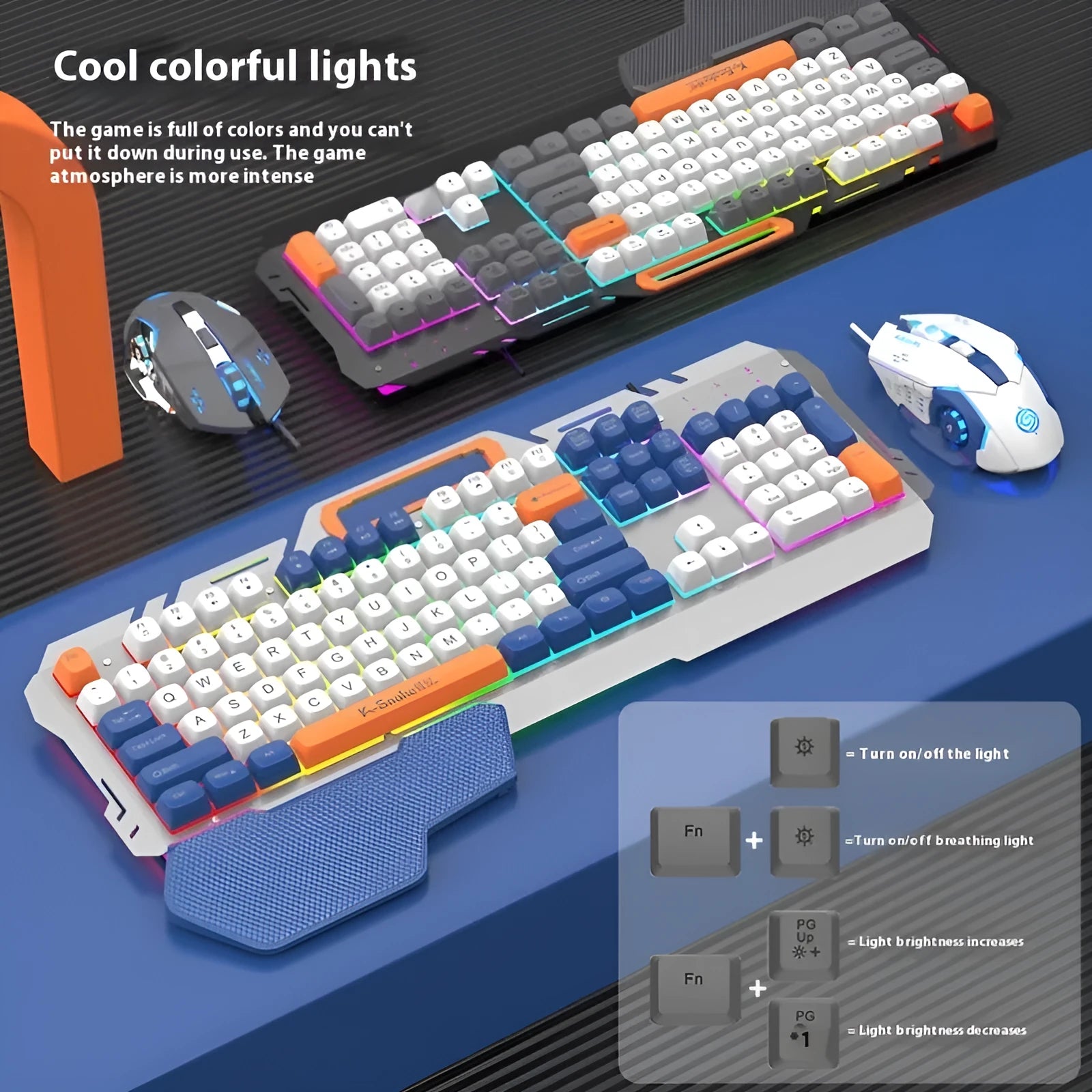 Blue wired gaming keyboard and mouse set with backlight on a desk