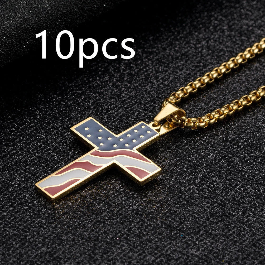 Men's stainless steel flag cross necklace in Black, Gold, and Silver options