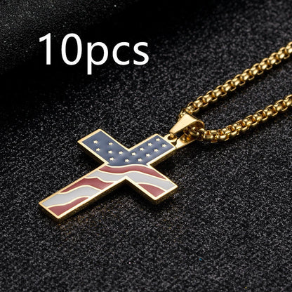 Men's stainless steel flag cross necklace in Black, Gold, and Silver options