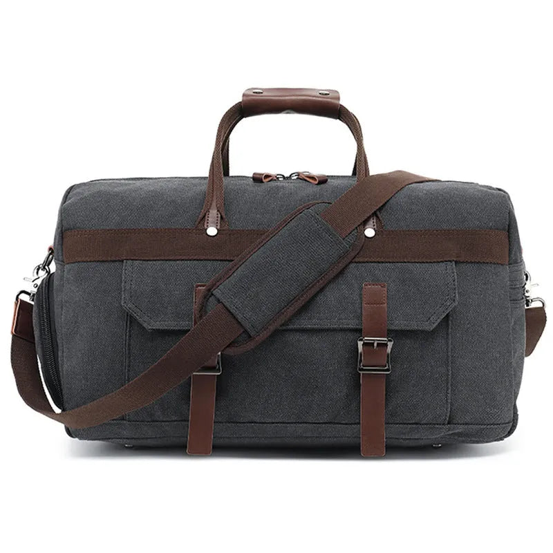 Canvas crossbody travel bag with 36-55L capacity in retro style, shown in black colour option