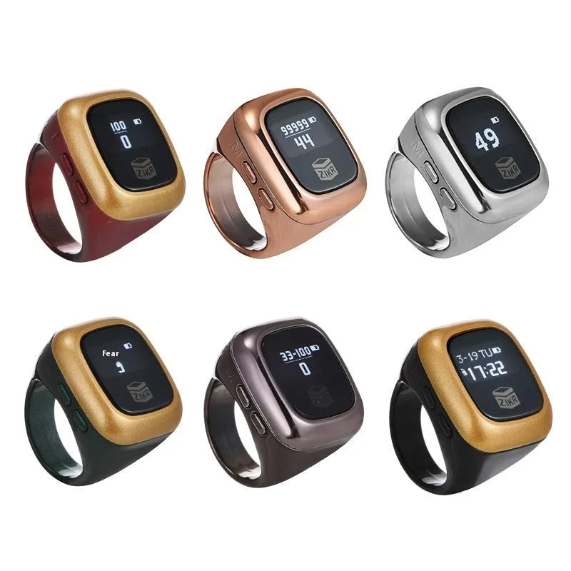 Al-fatiha Zikr electronic counter on wrist showing digital display, available in black, rose gold, silver, wine red, green.