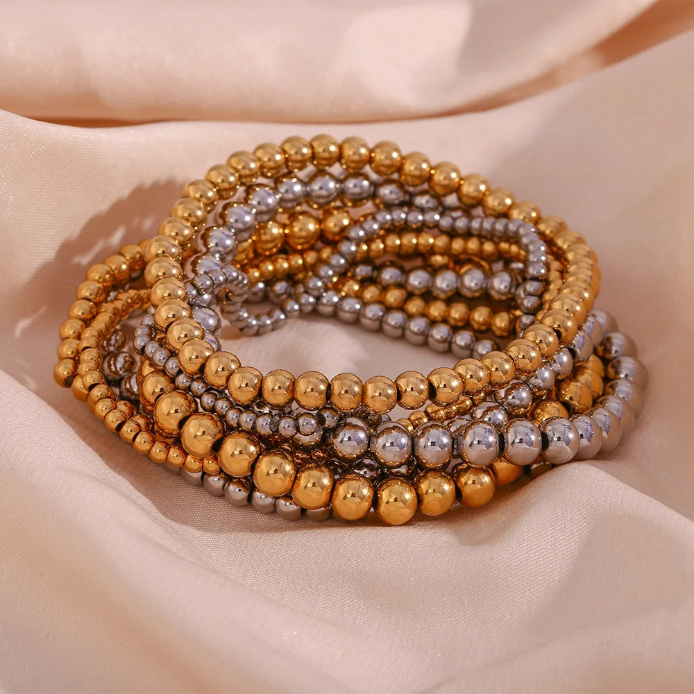 Niche Vintage Stainless Steel Plated 18K Elastic Bead Bracelet in gold and silver options