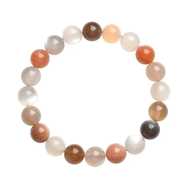 Natural colourful moonlight moonstone duobao bracelet with 8mm beads on a wrist.