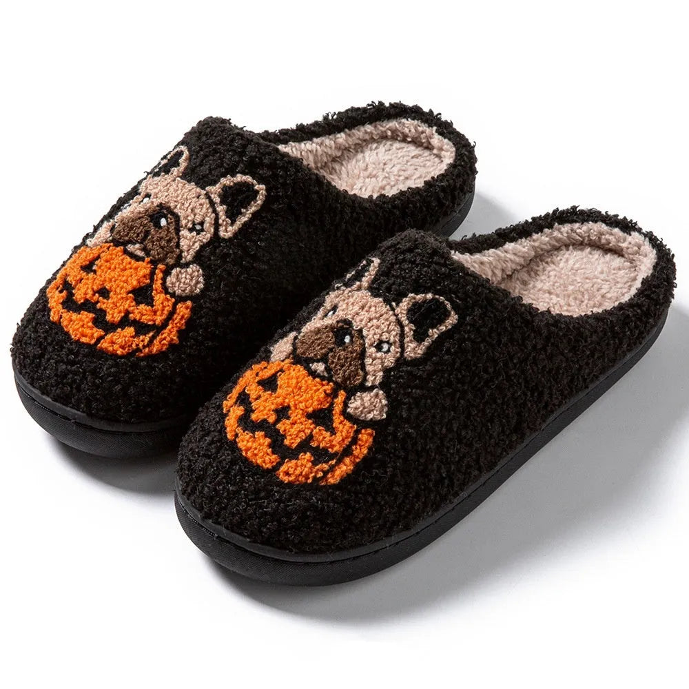 Halloween pumpkin slippers with plush upper and TPR rubber soles in black and white colours