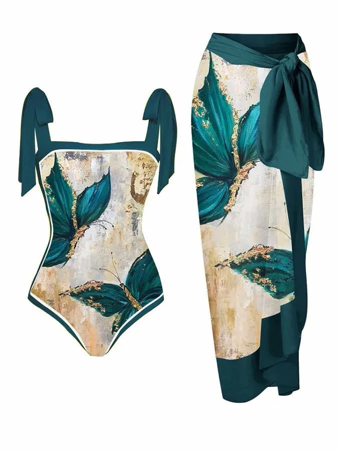 Women's printed polyester swimsuit with chiffon skirt in two-piece set