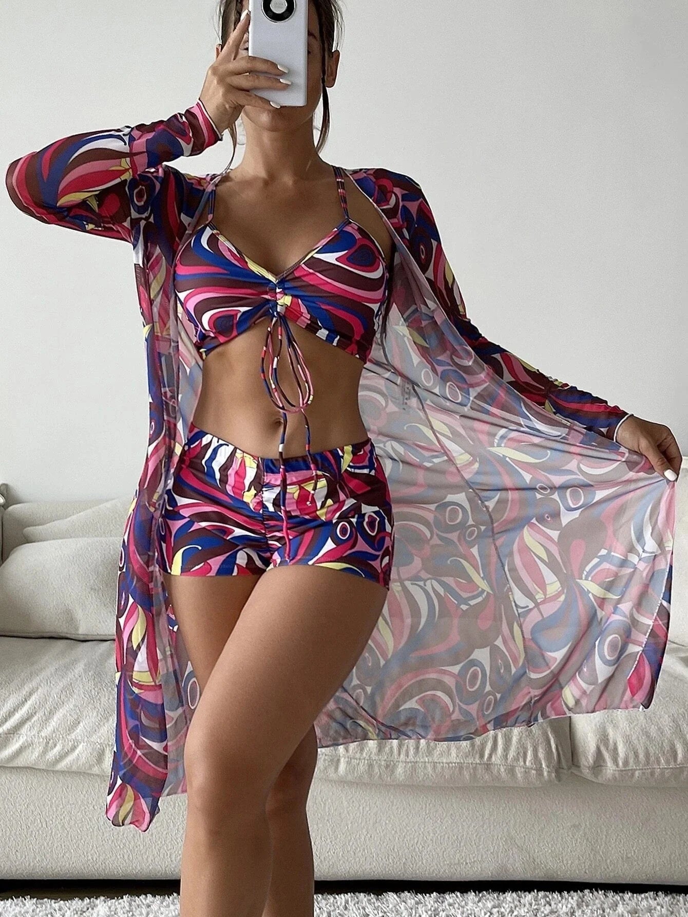 3-piece Pring bikini set with long sleeve cardigan in floral pattern for summer beach outings
