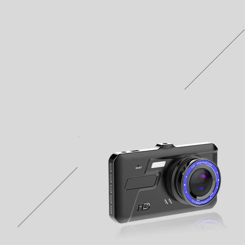 Black dual lens car dash cam with 4-inch touch screen display