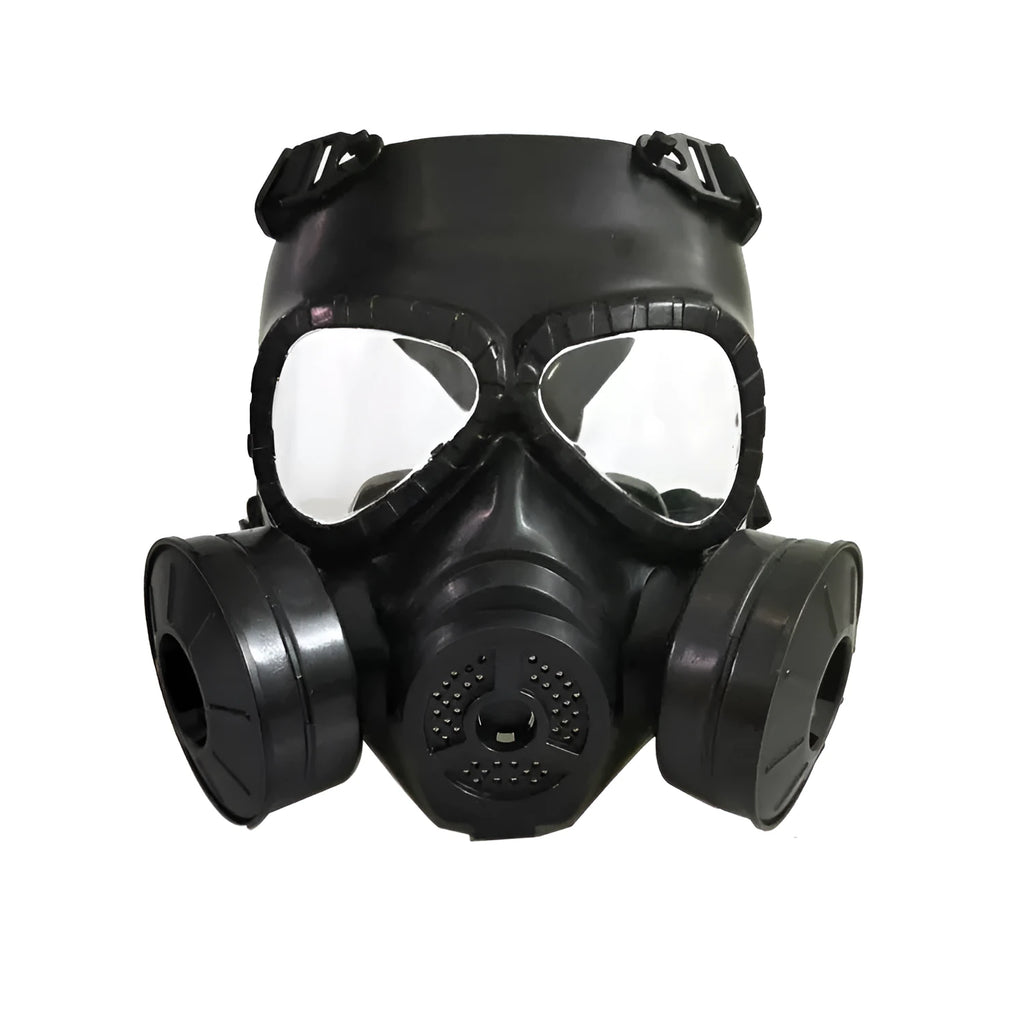 Outdoor twin fan head-mounted mask in black with transparent lens from Real-life Field Equipment