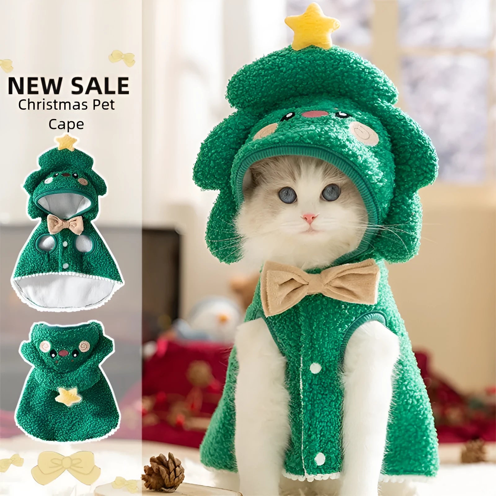 Cat wearing a green granular velvet Christmas cape with a star-topped tree hat, standing on a wooden floor
