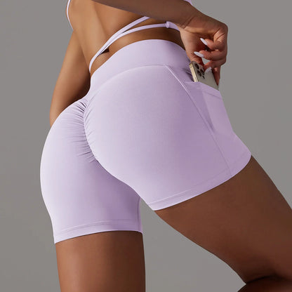 Women's yoga shorts with phone pocket in various colours, ideal for fitness and workouts