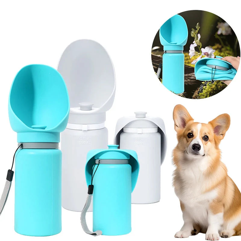 Folding pet water bottle in blue and grey, leak-proof design for outdoor use