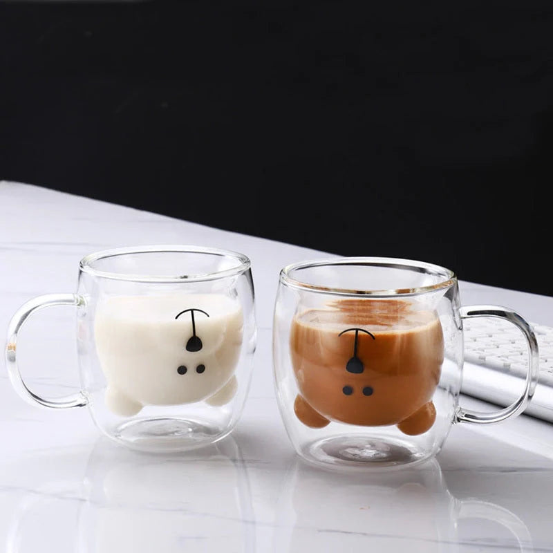 Creative Bear Double Coffee Milk Glass Cup for kids in four colours