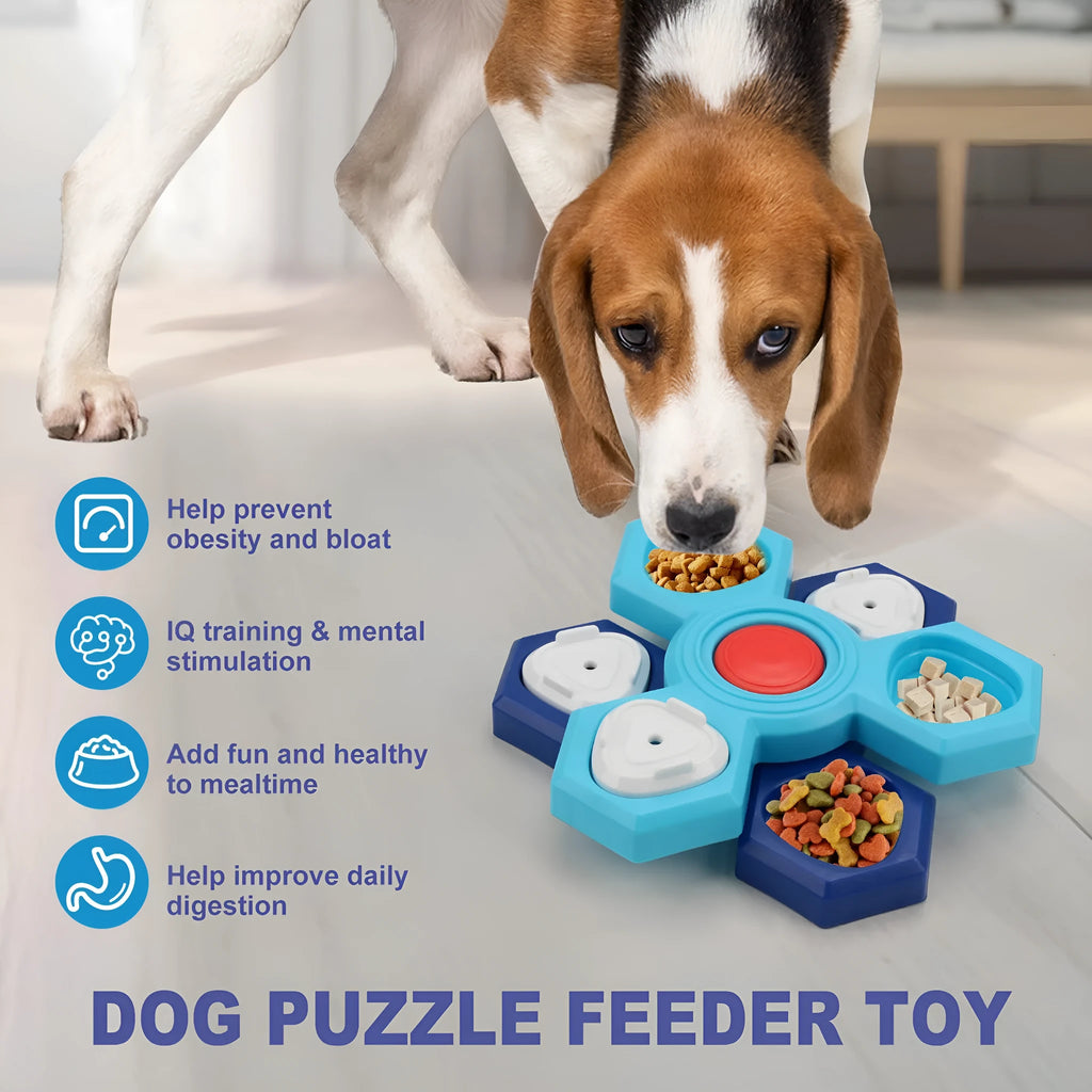 Blue plastic 4-layer slow feeder puzzle dog bowl with non-slip base assembled on a flat surface