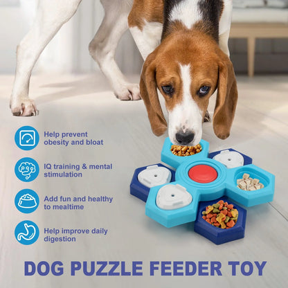 Blue 4-layer slow feeder puzzle dog bowl for healthy eating and mental stimulation