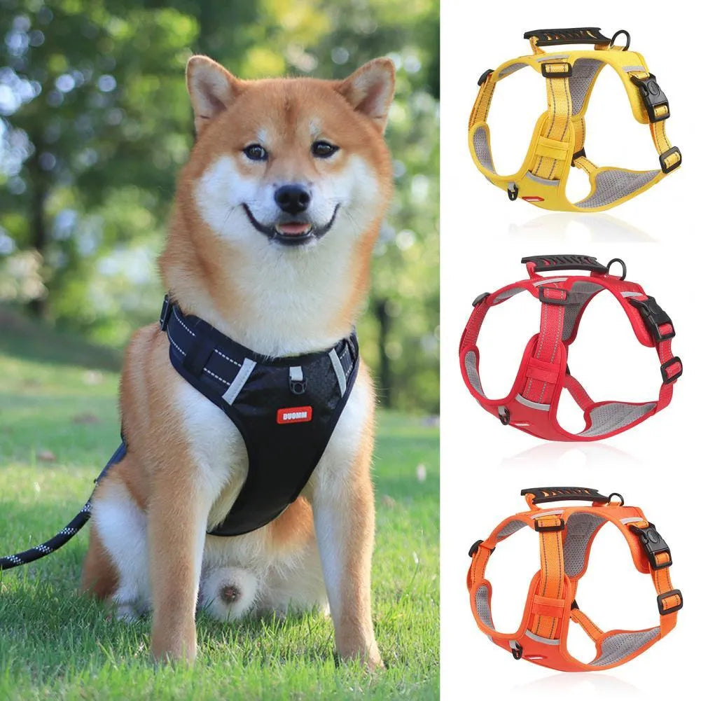 Nylon no pull reflective dog harness vest in orange oxford cloth with adjustable buckles and handle