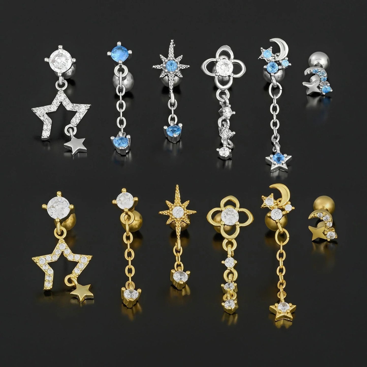 Star and moon cubic zirconia stainless steel cartilage earring in gold and white K options