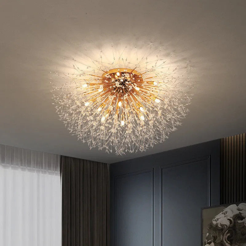 Wrought iron ceiling lamp with chrome finish and round crystal shade 40cm diameter LED bedroom light