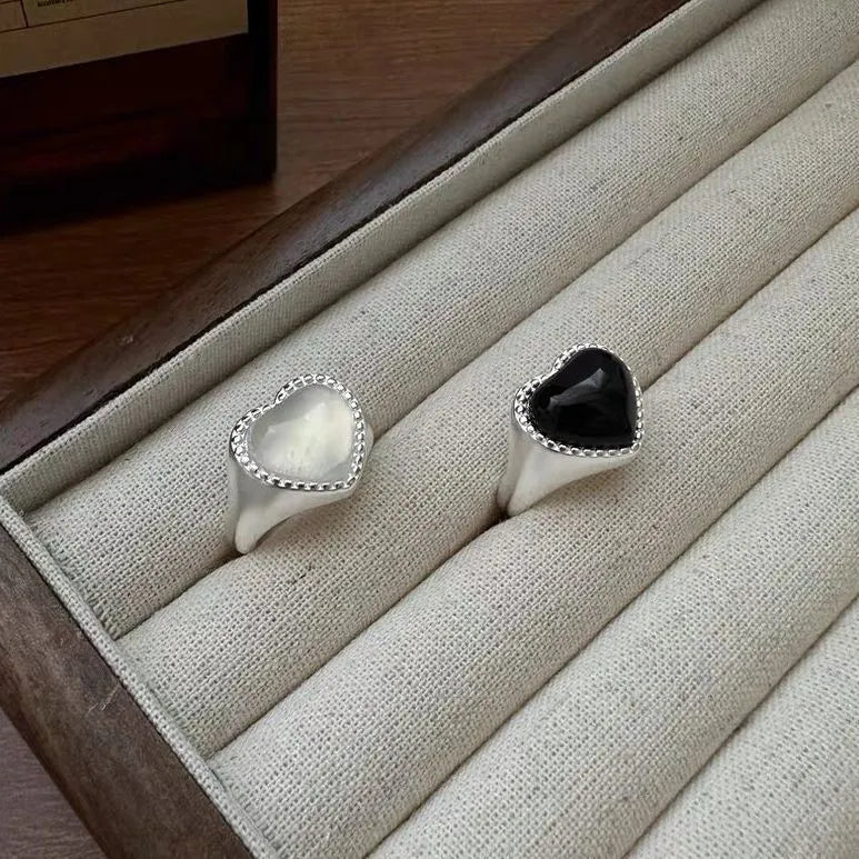 S925 sterling silver open mouth ring with black heart agate stone and adjustable design