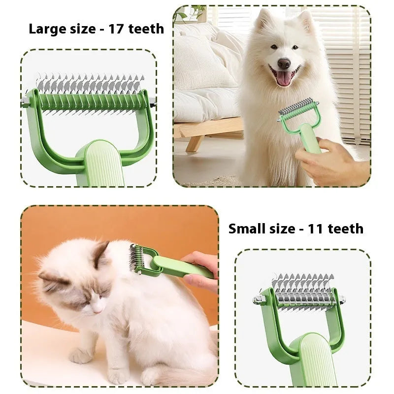 Green and grey dog detangling comb with stainless steel teeth on a polypropylene handle.