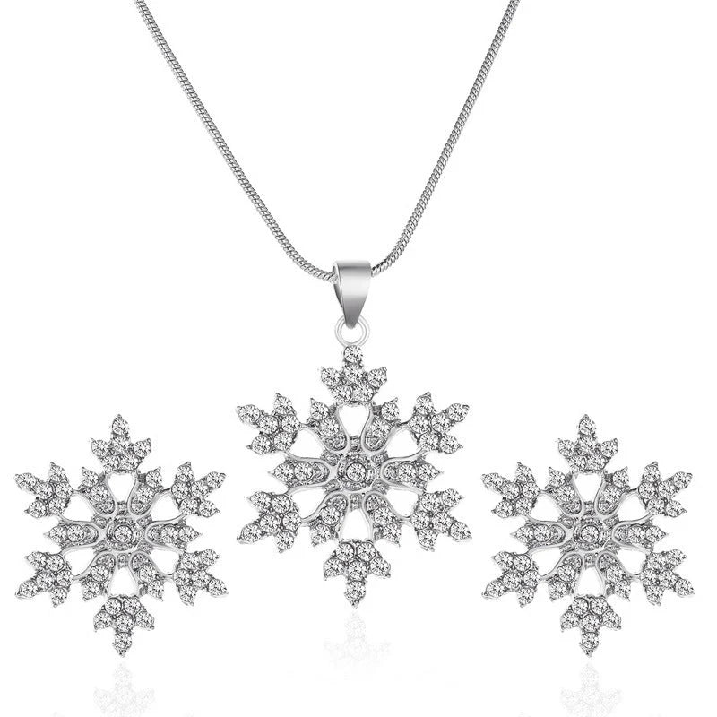 3-piece snowflake necklace set with rhinestone earrings and clavicle chain pendant in gold and silver