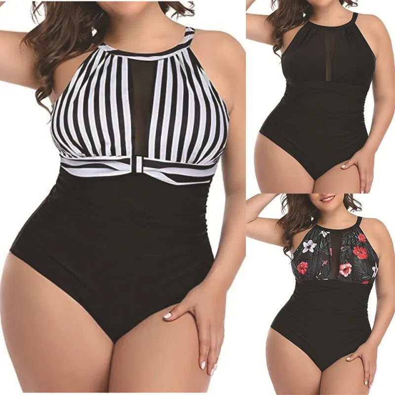 Women's black lace one-piece swimsuit on a mannequin, showing side view with red floral and stripe pattern options.