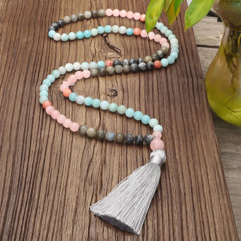 Bohemian stone necklace and bracelet set with colourful pendant and tassel decoration
