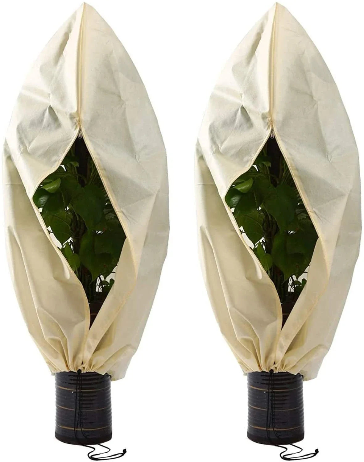 Adjustable plant cover in beige color, designed to protect plants from cold weather and harsh winter conditions