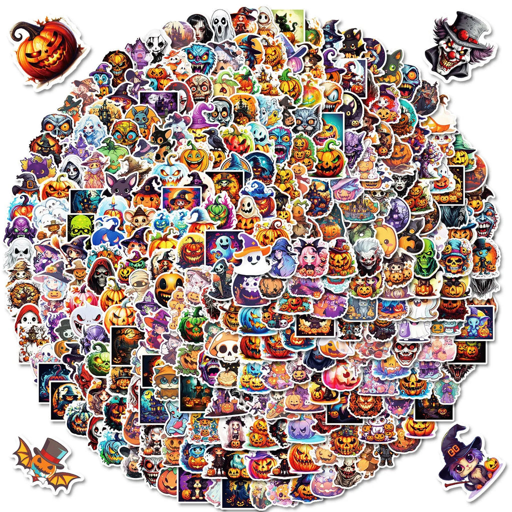 300 Halloween stickers with cartoon pumpkin, witch, and ghost graffiti designs on a white background