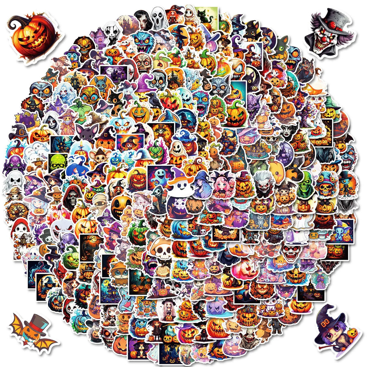 300 Halloween stickers with cartoon pumpkin, witch, and ghost graffiti designs on a white background