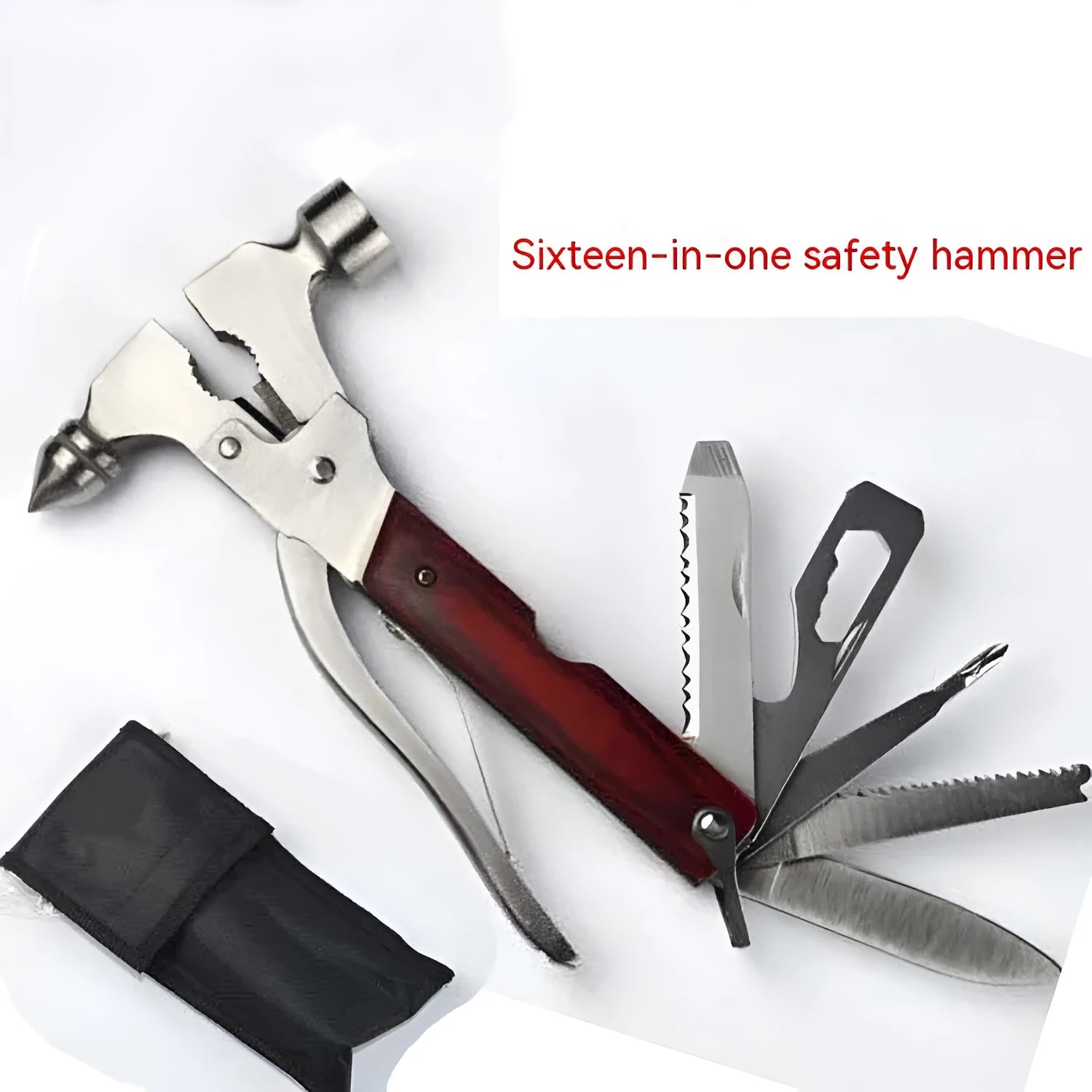 16-in-1 solid steel car emergency hammer with Oxford storage bag for window-breaking escape