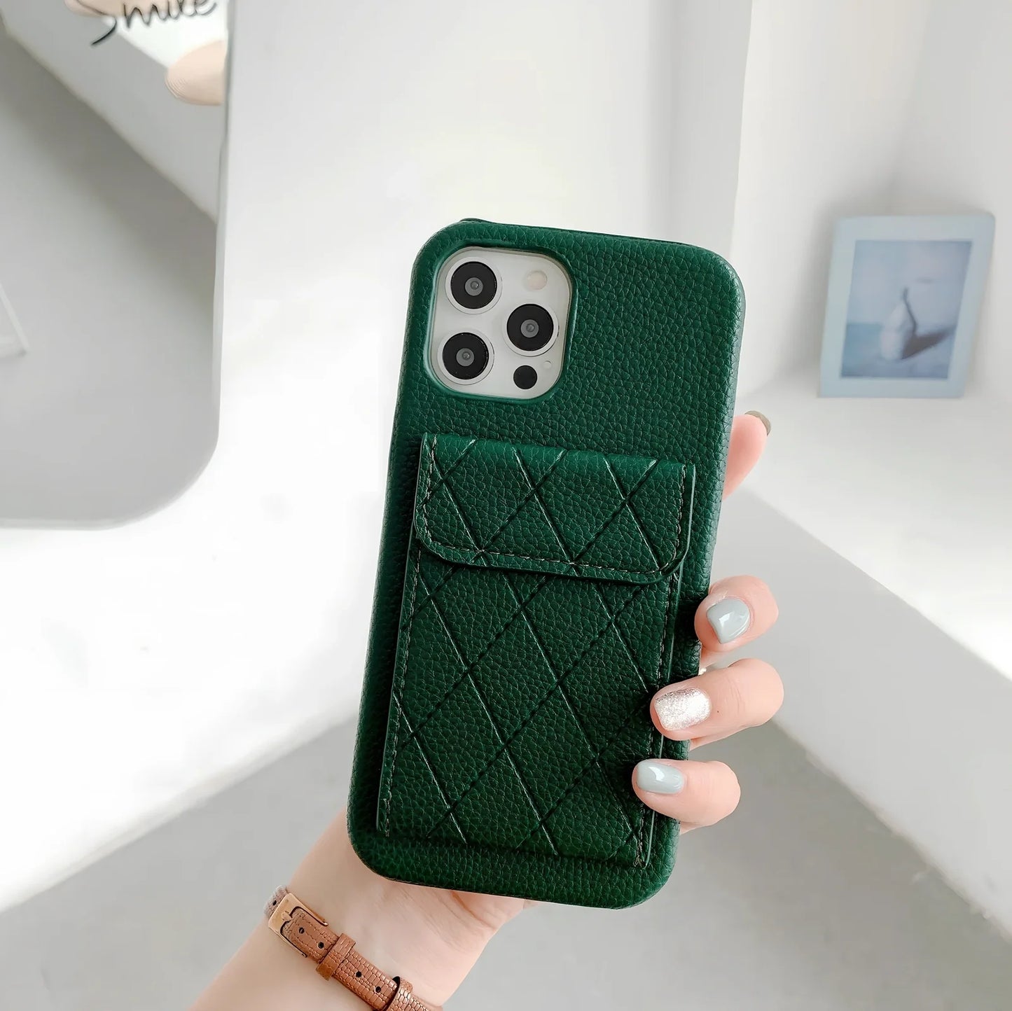 Tide brand black imitation leather iPhone case with card holder slot, fits models 7 to 12 Pro Max, slim back cover design