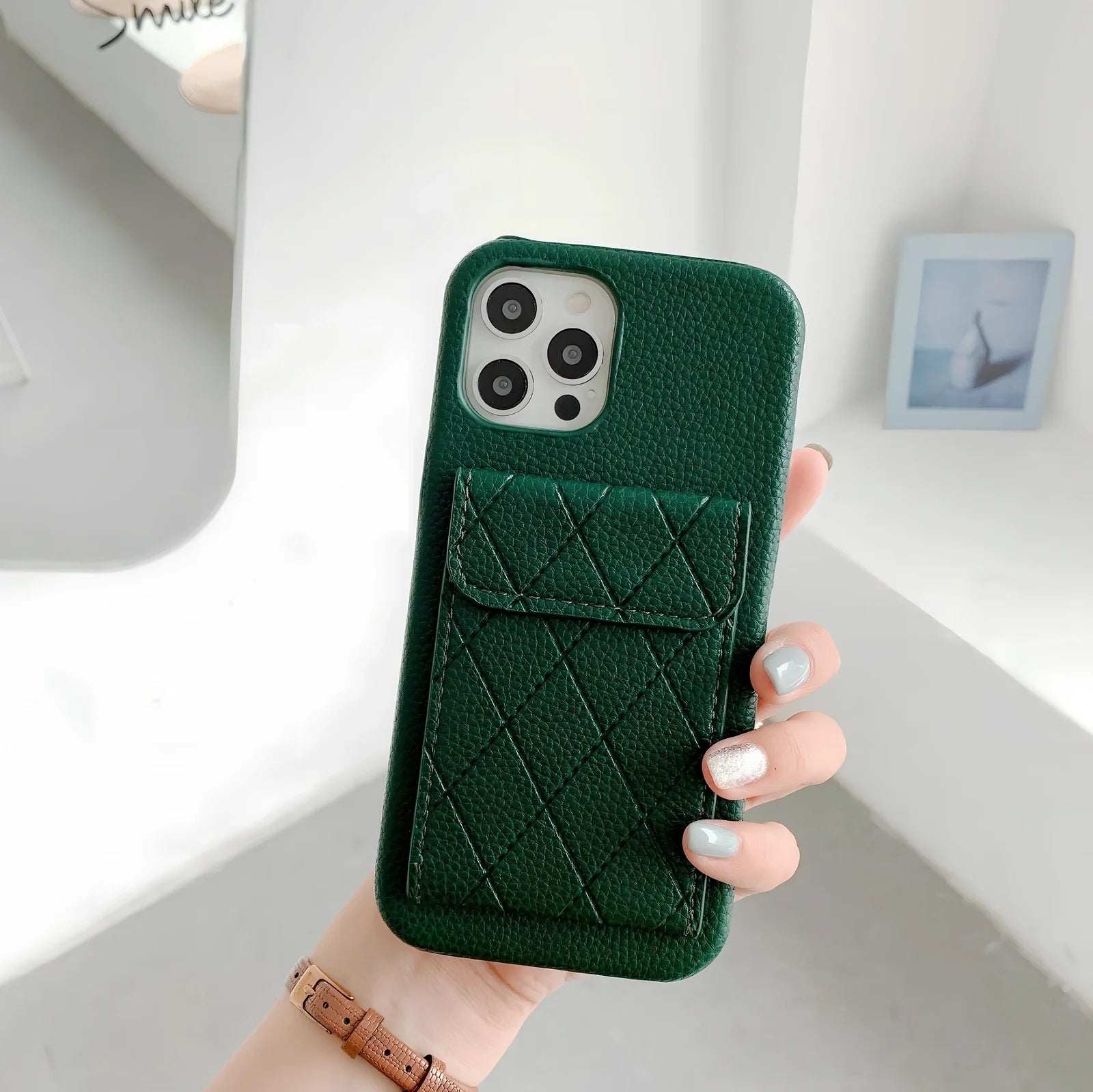 Tide brand black imitation leather iPhone case with card holder slot, fits models 7 to 12 Pro Max, slim back cover design